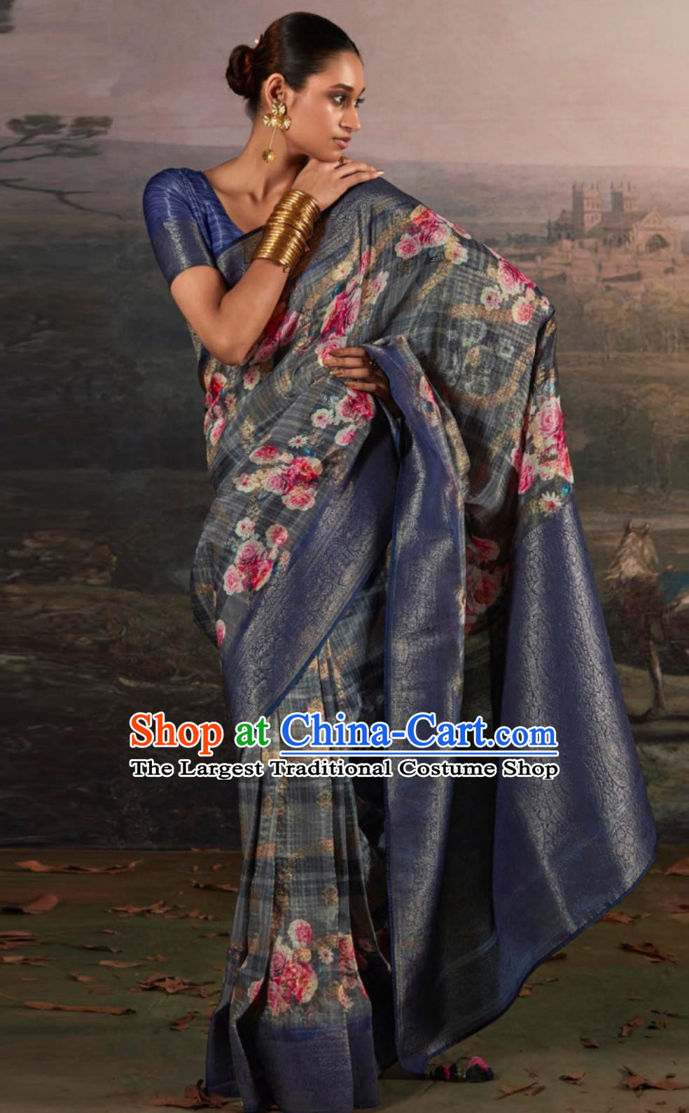 Navy Blue Indian Saree Features Traditional Silk Printed National Women Wrap Skirt Sari Daily Festival Wear