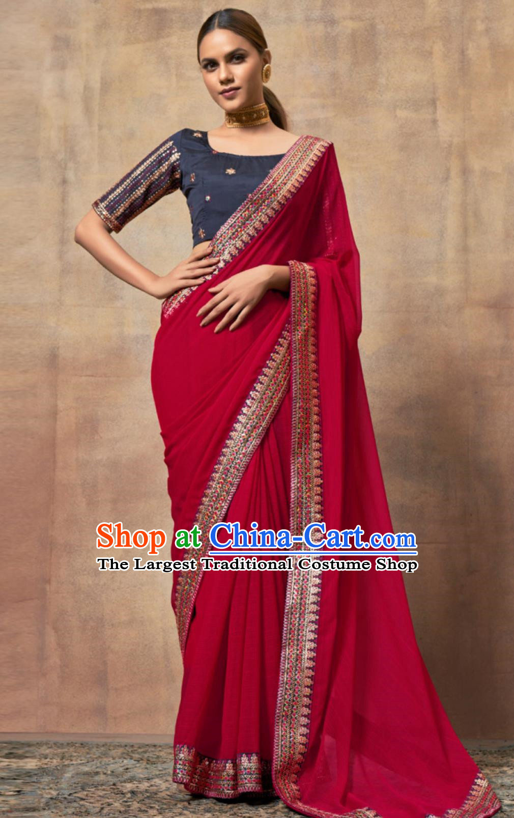 Indian Saree National Women Red Wrap Skirt Sari Embroidery