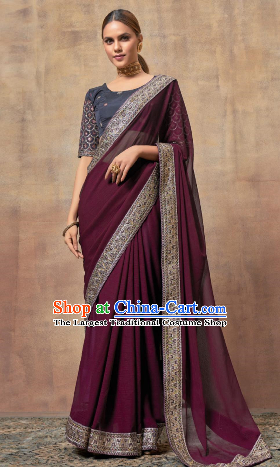 Indian Saree National Women Purple Red Green Wrap Skirt Sari Embroidery