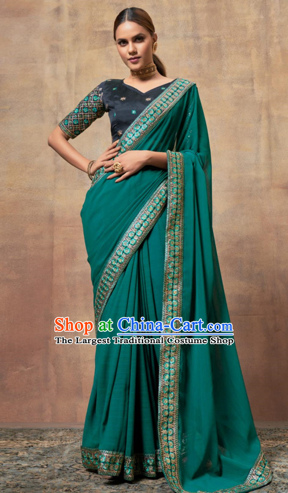 Indian Saree National Women Turquoise Green Wrap Skirt Sari Embroidery