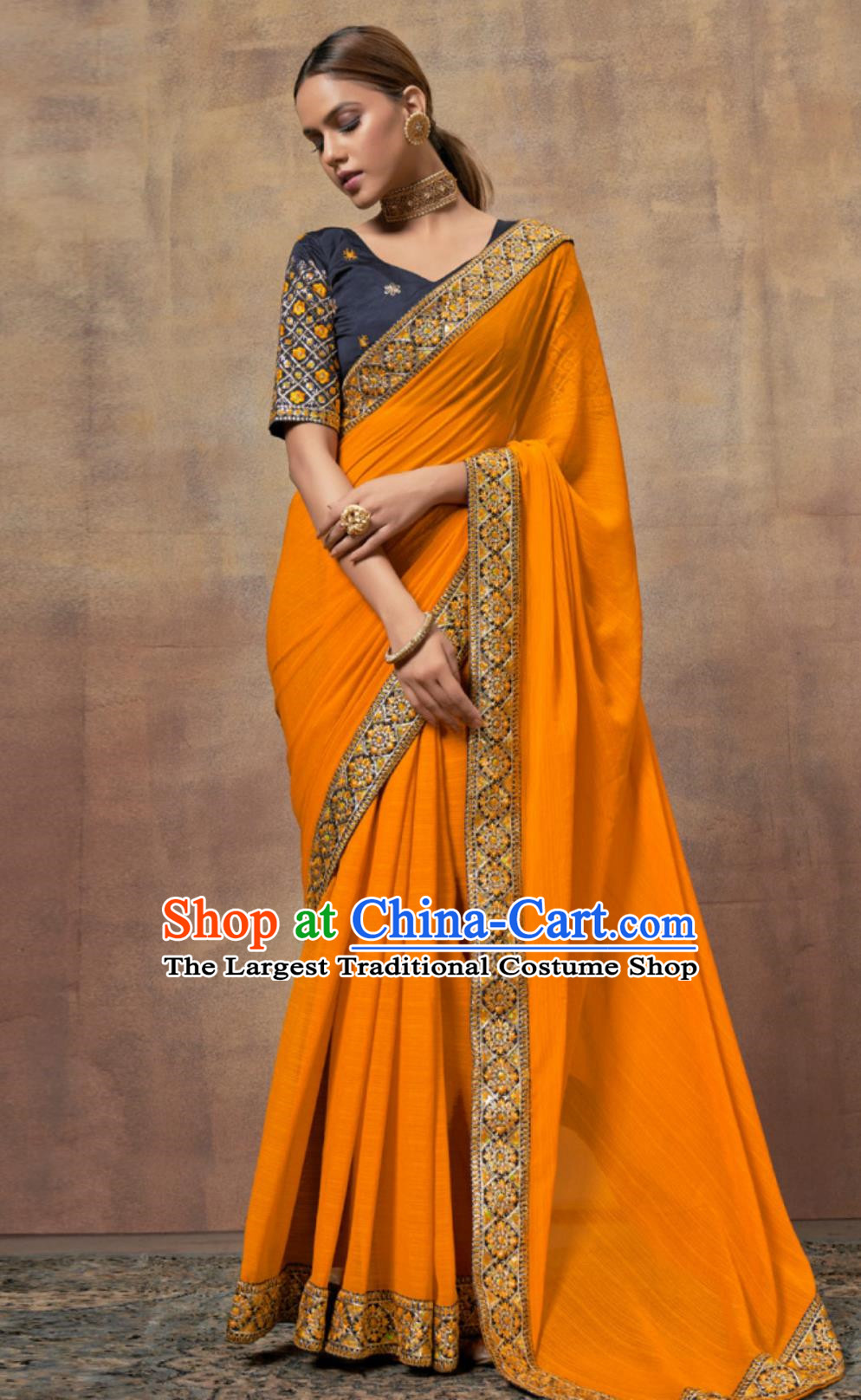 Indian Saree National Women Orange Wrap Skirt Sari Embroidery