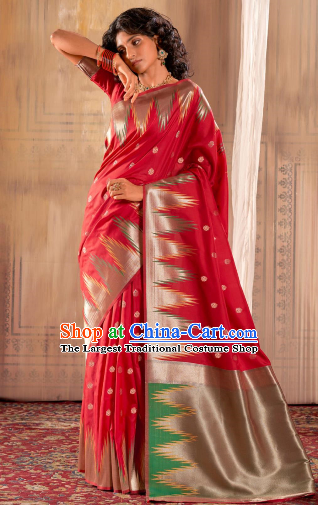 Red Indian Saree Silk Jacquard National Ladies Wrap Skirt Sari Traditional Festival Party Outfit