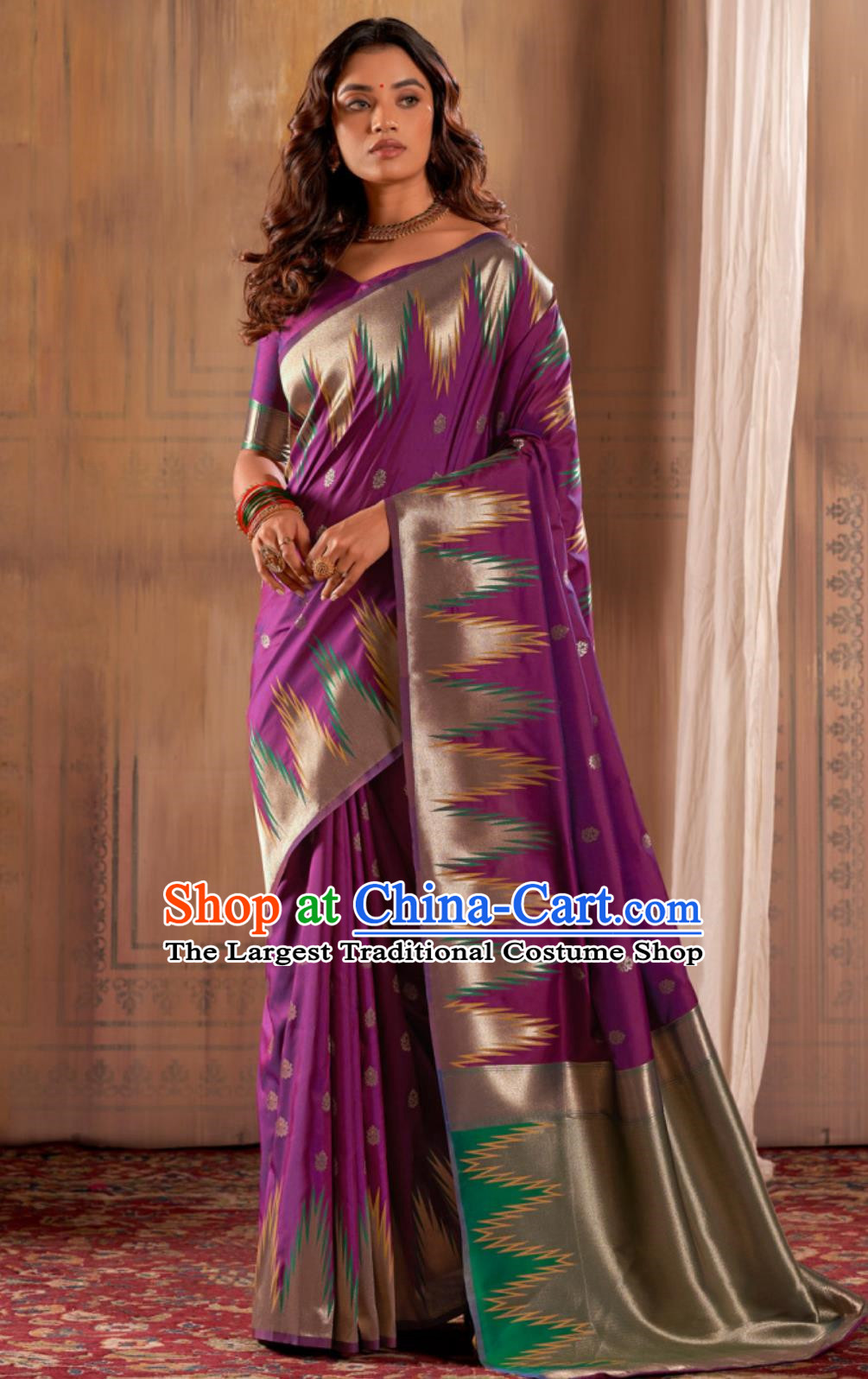Purple Indian Saree Silk Jacquard National Ladies Wrap Skirt Sari Traditional Festival Party Outfit