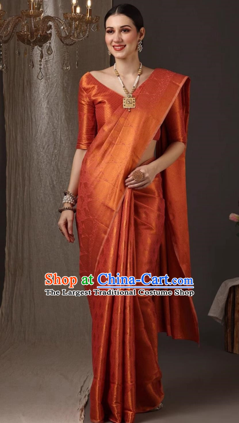 Orange Silk Blended Jacquard Indian Sari Solid Color National Daily Women Wrap Skirt Sari