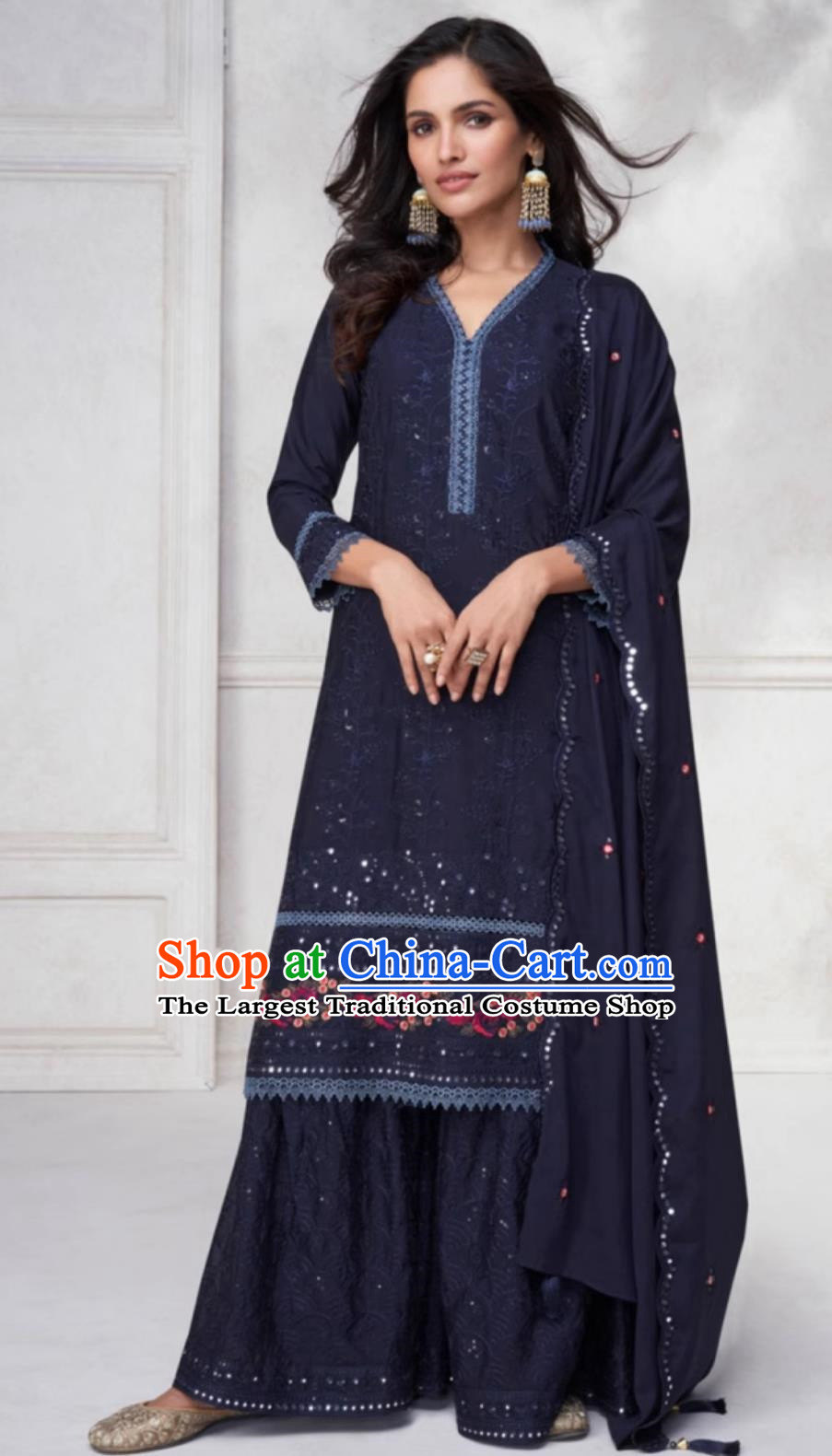 Navy Blue Indian Panchabi Three Piece National Embroidered Traditional Women Clothing