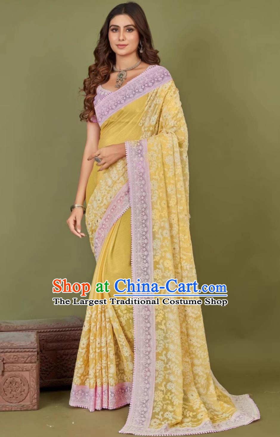 Light Yellow Chiffon Indian Sari Embroidered National Ladies Wrap Skirt Sari