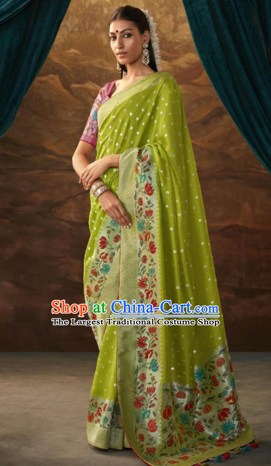 Light Green Indian Saree National Women Wrap Skirt Sari Dress High End Silk Jacquard Clothing