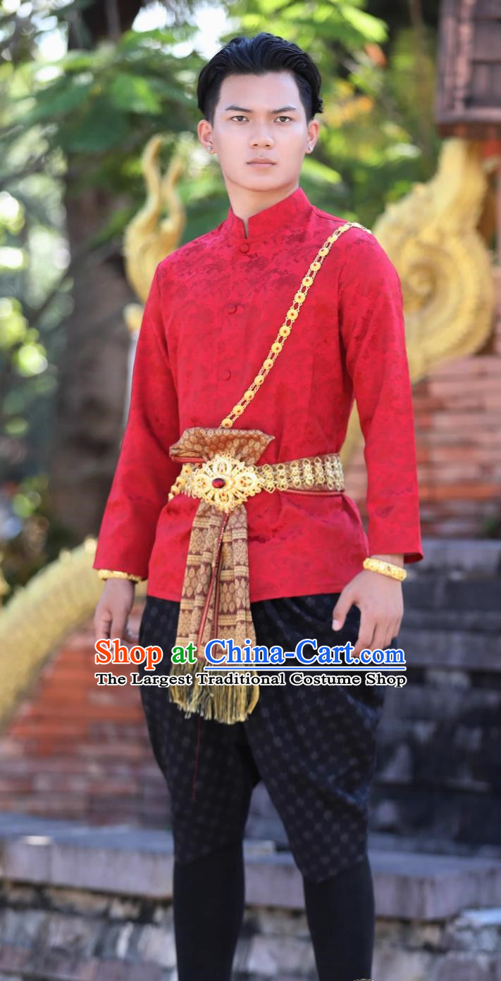 Thai Traditional Male Red Suit Palace Retro Clothing Welcome Overalls
