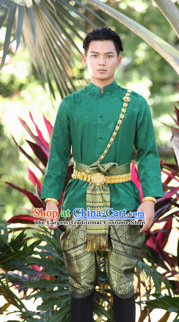 Thai Traditional Male Green Suit Palace Retro Clothing Welcome Work Clothes