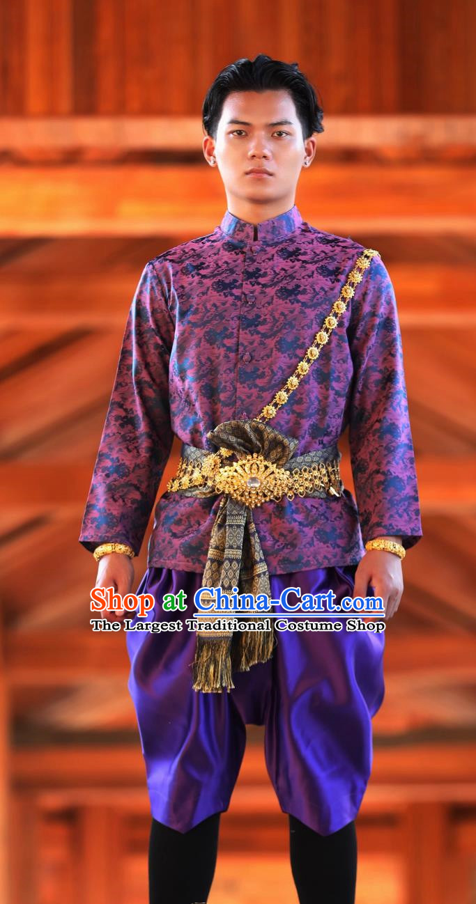 Thai Traditional Men Purple Suit Palace Retro Clothing Welcome Work Clothes