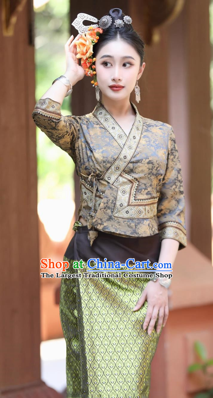 Dai Ethnic Costume Women Traditional Brown Suit