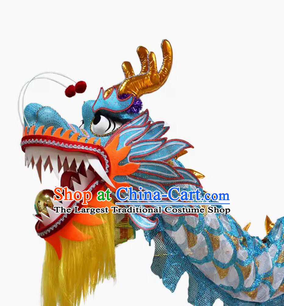 Chinese Celebration Parade Dragon New Year Blue Mesh Dancing Dragon Handmade Dance Dragon Head and Costume Complete Set
