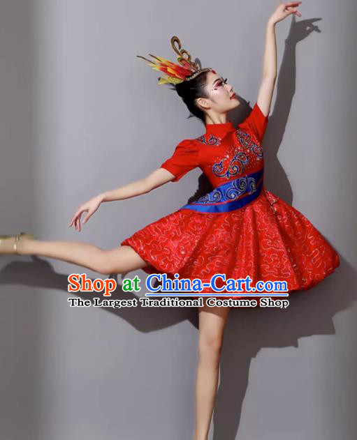 Waist Drum Costume Chinese Drum Dance Performance Clothing Female Fluffy Short Red Dress