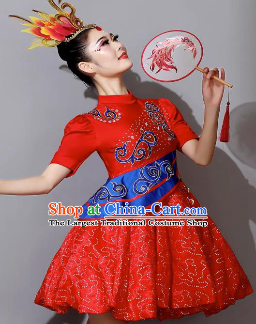 Waist Drum Costume Chinese Drum Dance Performance Clothing Female Fluffy Short Red Dress