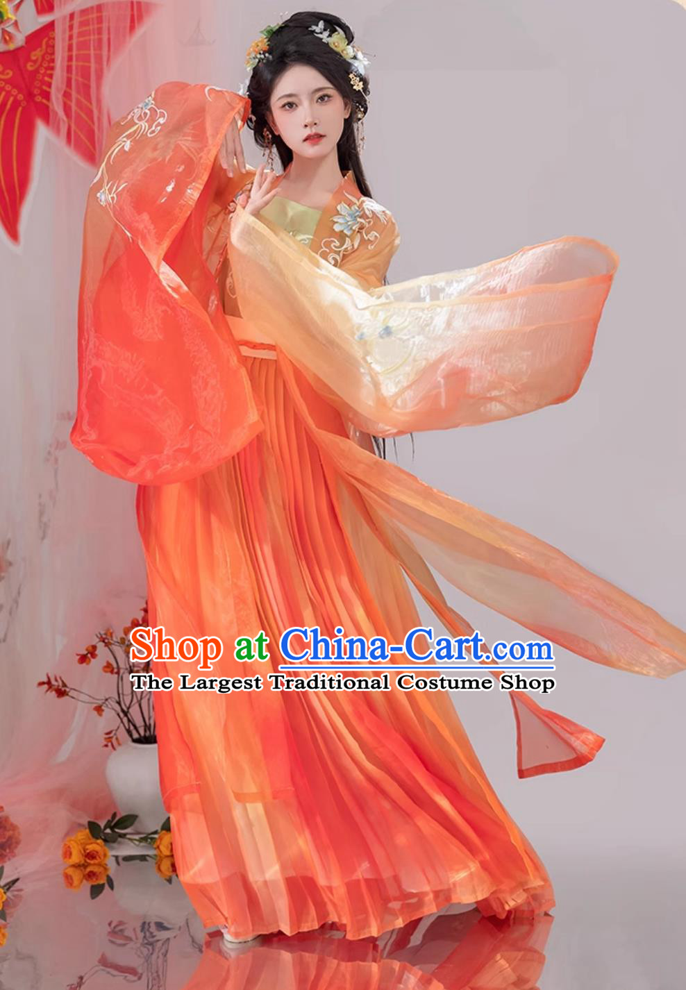 Chinese Woman Orange Dress Ancient Princess Costumes Traditional Hanfu Clothing