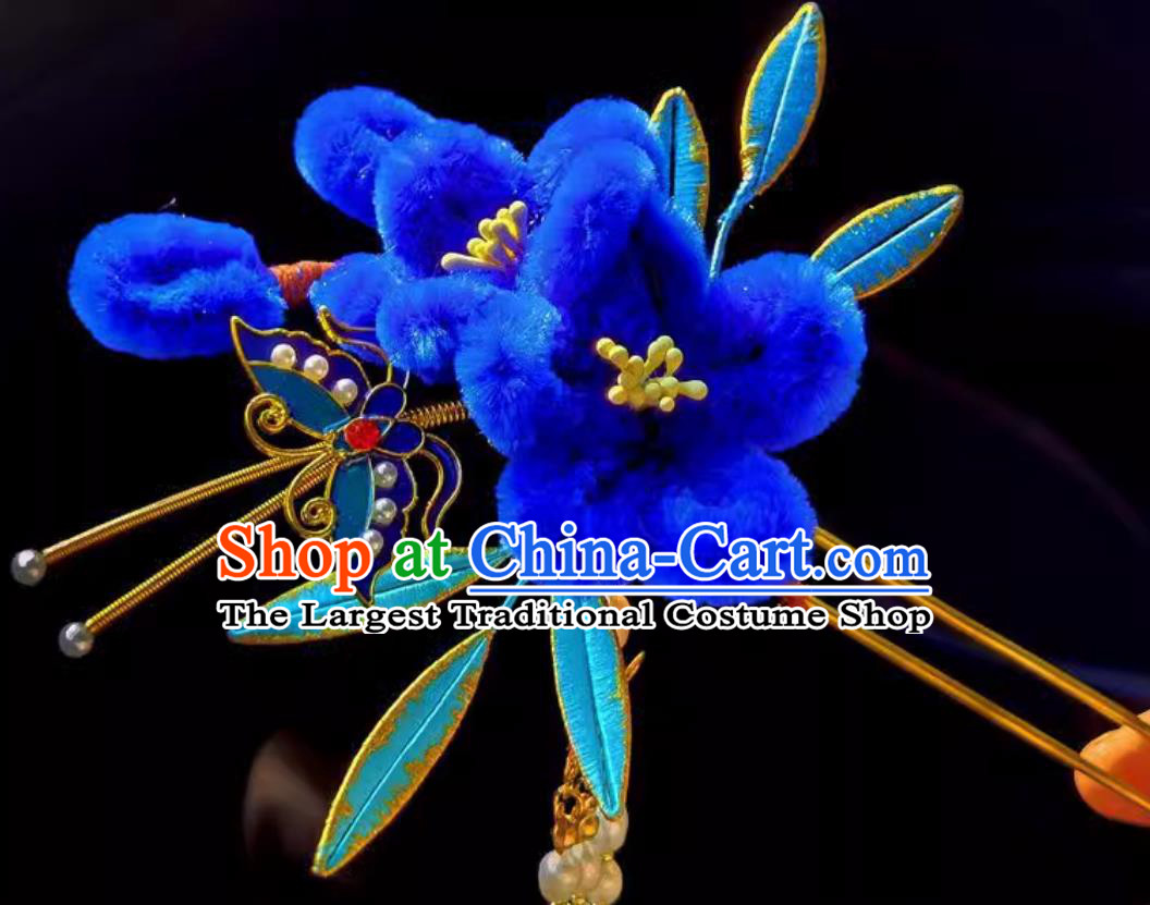 Chinese Hanfu Wrapped Flowers Hair Stick Pearl Tassel Bu Yao Step Shaking Headpiece Handmade Hair Jewelry Royal Blue Velvet Flower Hairpin