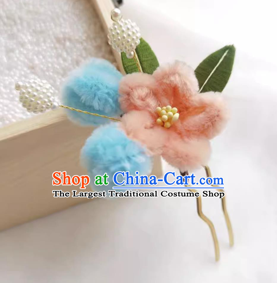 Pink Wrapped Plum Blossom Hair Stick Chinese Traditional Headpiece Handmade Hair Jewelry Hanfu Velvet Flower Hairpin