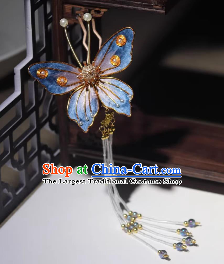 Handmade Blue Butterfly Hairpin Intangible Cultural Heritage Velvet Flower Bu Yao Tassel Step Shake Chinese Ancient Hair Jewelry Ming Dynasty Hanfu Headpiece Decoration