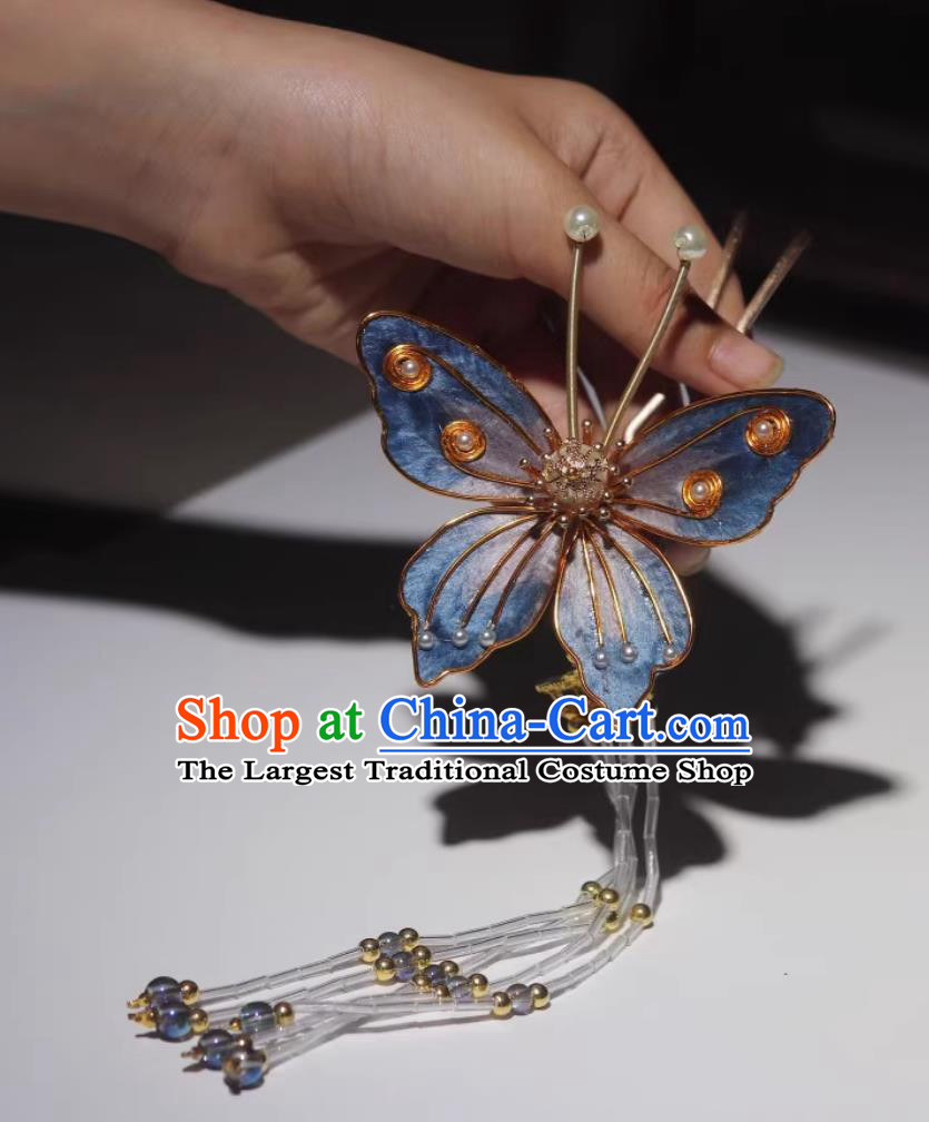 Handmade Blue Butterfly Hairpin Intangible Cultural Heritage Velvet Flower Bu Yao Tassel Step Shake Chinese Ancient Hair Jewelry Ming Dynasty Hanfu Headpiece Decoration