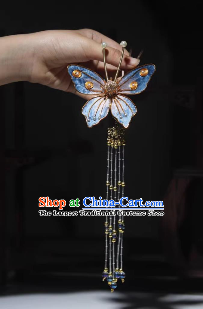 Handmade Blue Butterfly Hairpin Intangible Cultural Heritage Velvet Flower Bu Yao Tassel Step Shake Chinese Ancient Hair Jewelry Ming Dynasty Hanfu Headpiece Decoration
