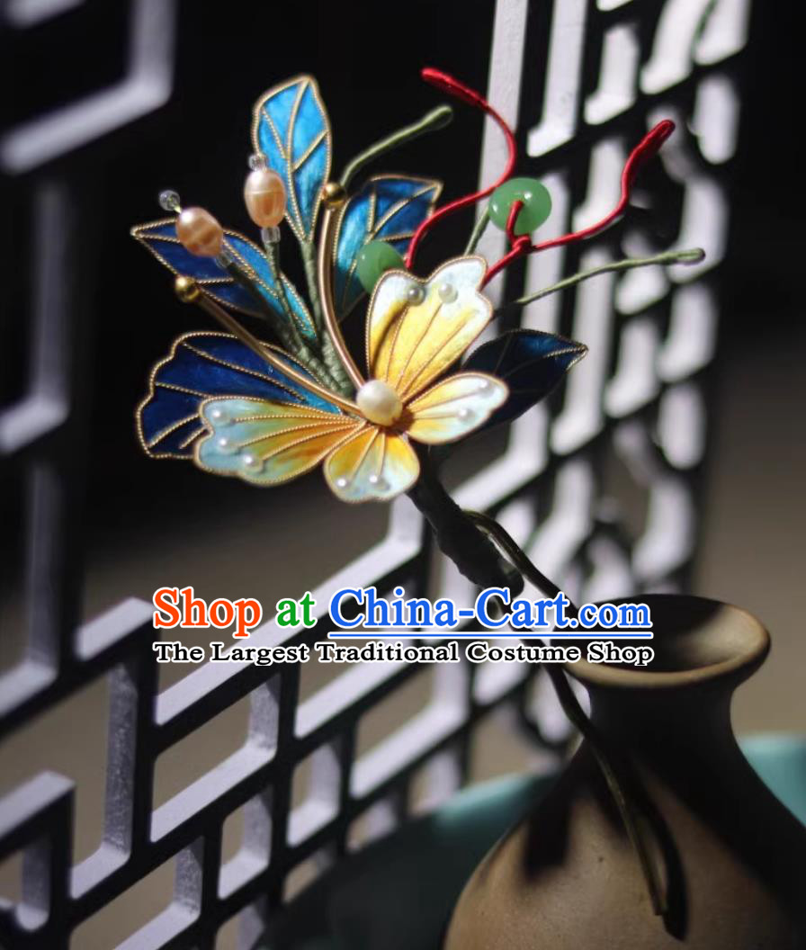 Intangible Cultural Heritage Velvet Flower Hair Stick Chinese Ancient Hair Jewelry Ming Dynasty Hanfu Headpiece Handmade Blue Butterfly Hairpin