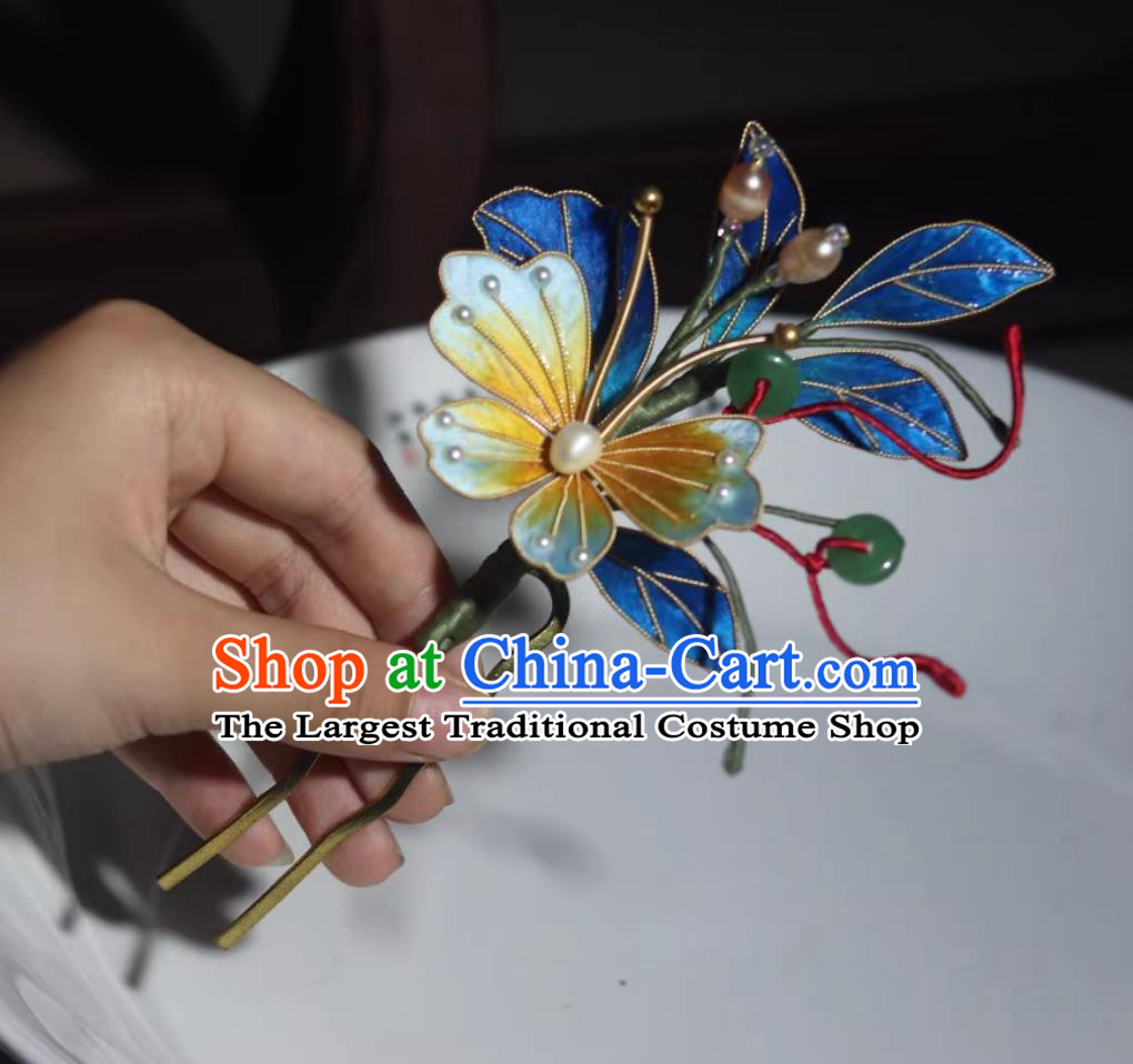 Intangible Cultural Heritage Velvet Flower Hair Stick Chinese Ancient Hair Jewelry Ming Dynasty Hanfu Headpiece Handmade Blue Butterfly Hairpin