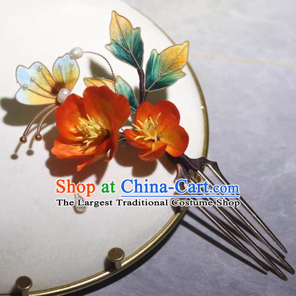 Intangible Cultural Heritage Velvet Flower Hairpin Handmade Hanfu Silk Hair Comb Ancient Style Ming Dynasty Hair Jewelry Chinese Traditional Headpiece