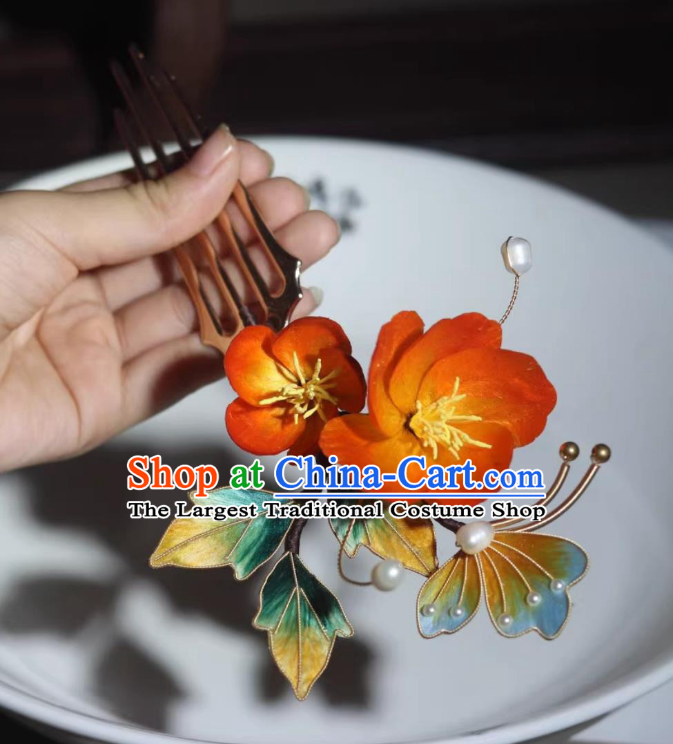 Intangible Cultural Heritage Velvet Flower Hairpin Handmade Hanfu Silk Hair Comb Ancient Style Ming Dynasty Hair Jewelry Chinese Traditional Headpiece
