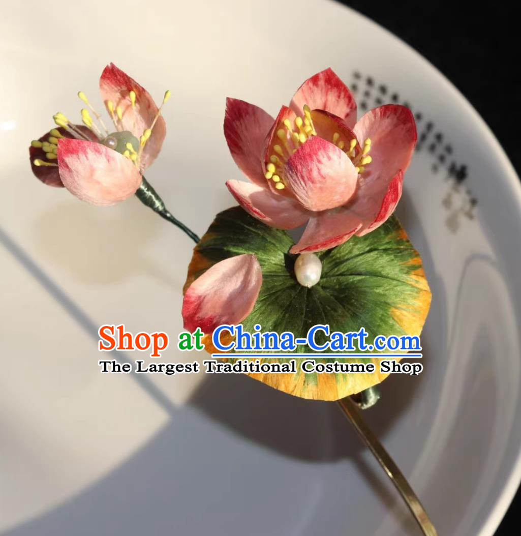 Intangible Cultural Heritage Handmade Silk Velvet Lotus Flower Hairpin Chinese Hanfu Qipao Hair Jewelry Traditional Hair Stick