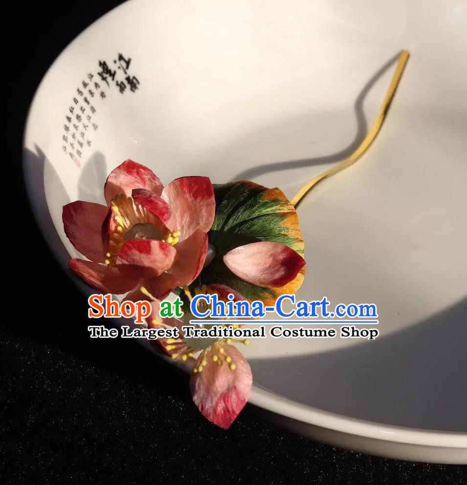 Intangible Cultural Heritage Handmade Silk Velvet Lotus Flower Hairpin Chinese Hanfu Qipao Hair Jewelry Traditional Hair Stick