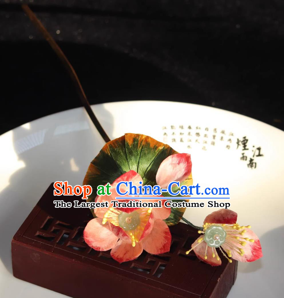 Intangible Cultural Heritage Handmade Silk Velvet Lotus Flower Hairpin Chinese Hanfu Qipao Hair Jewelry Traditional Hair Stick