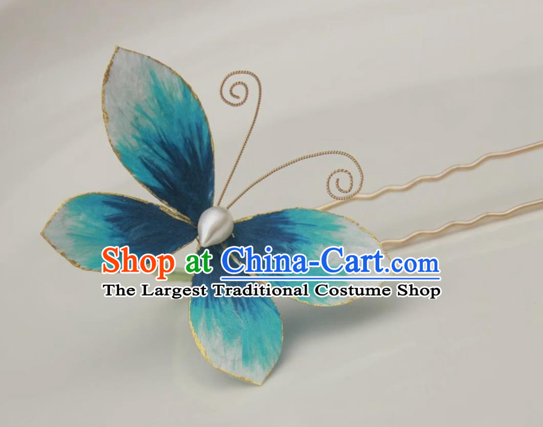 Handmade Hair Clip Chinese Qipao Headpiece Hanfu Hair Accessory Intangible Cultural Heritage Velvet Silk Blue Butterfly Hairpin