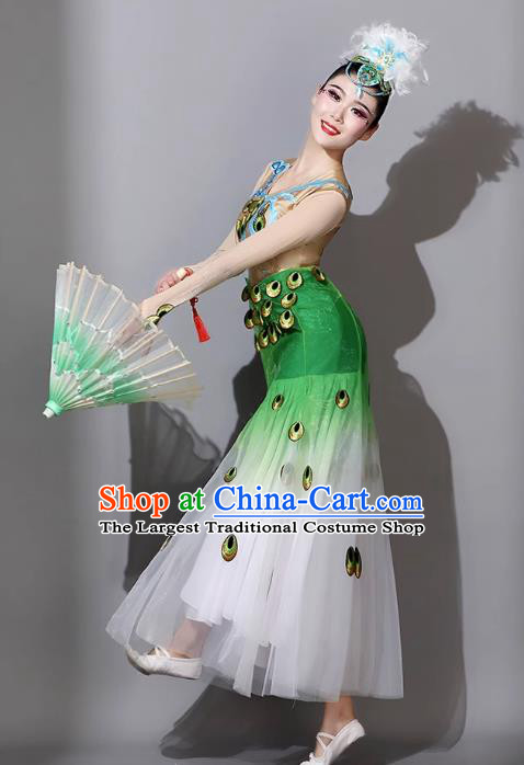Green China Yunnan Ethnic Minority Cucurbit Flute Performance Clothing Woman Peacock Dance Dress Dai Ethnic Dance Costume