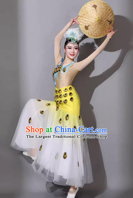 Yellow China Dai Ethnic Dance Costume Yunnan Ethnic Minority Cucurbit Flute Performance Clothing Woman Peacock Dance Dress