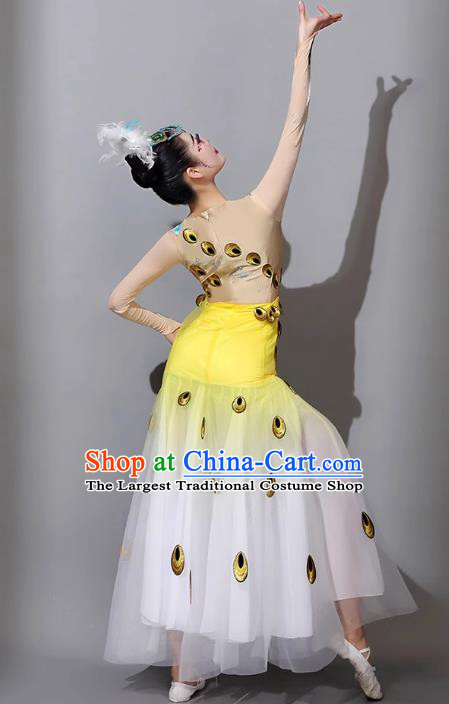 Yellow China Dai Ethnic Dance Costume Yunnan Ethnic Minority Cucurbit Flute Performance Clothing Woman Peacock Dance Dress