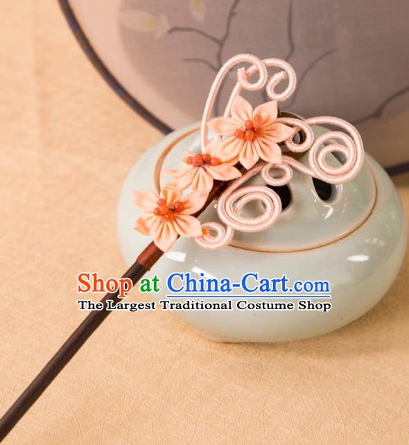 China Hanfu Hair Jewelry Ancient Young Lady Pink Flower Headpiece Handmade Qipao Ebony Hairpin