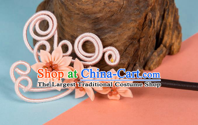 China Hanfu Hair Jewelry Ancient Young Lady Pink Flower Headpiece Handmade Qipao Ebony Hairpin