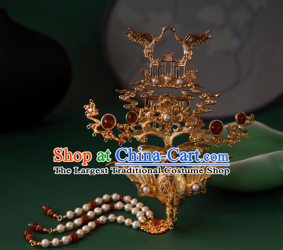 Handmade Wedding Phoenix Crown China Tang Dynasty Golden Hairpin Ancient Empress Hair Jewelry