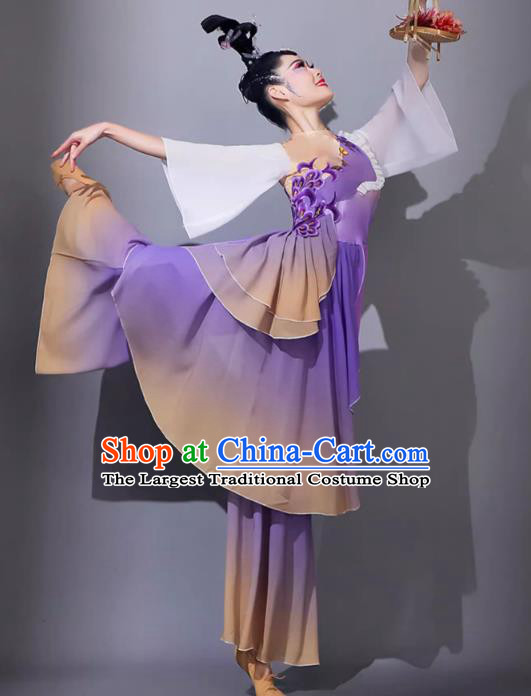 Classical Dance Performance Attire Chinese Woman Solo Dance Purple Outfit Yangge Dance Costume Art Examination Fan Dance Costume