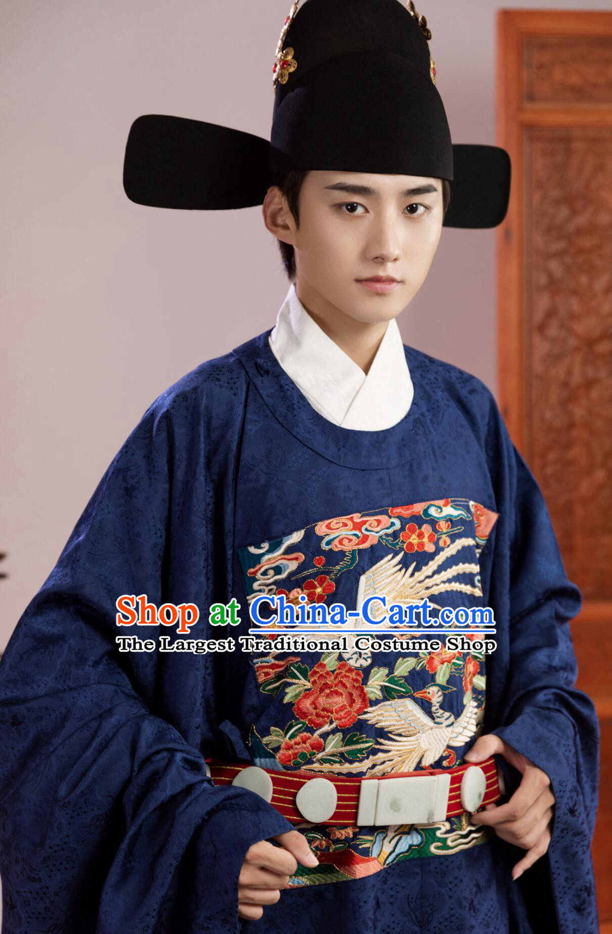 Navy Blue Chinese Embroidered Cranes Robe Ming Dynasty Court Costume Ancient China Fifth Rank Civil Official Clothing