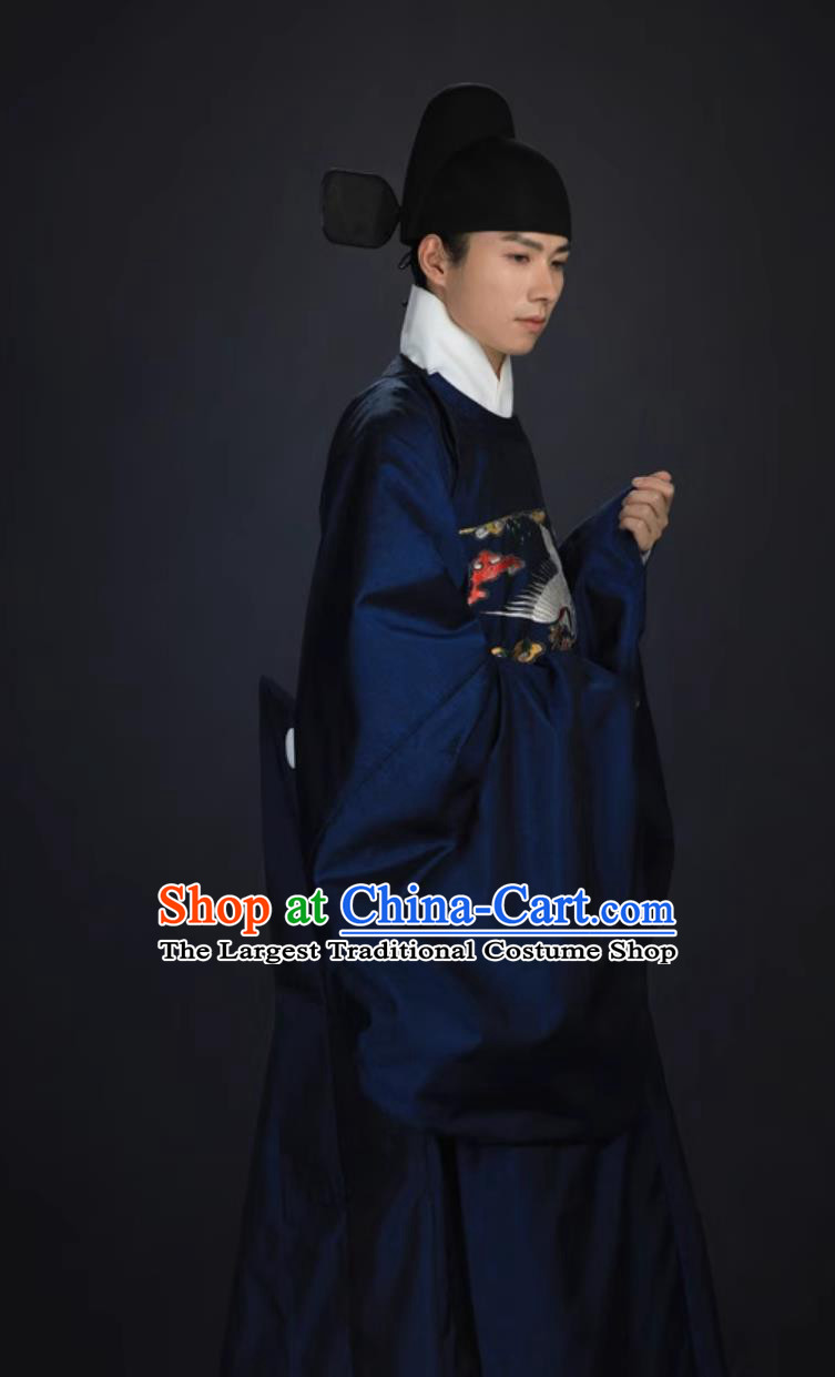 Ancient China First Rank Civil Official Official Clothing Dark Blue Chinese Embroidered Double Cranes Robe Ming Dynasty Court Costume