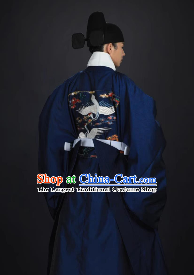 Ancient China First Rank Civil Official Official Clothing Dark Blue Chinese Embroidered Double Cranes Robe Ming Dynasty Court Costume