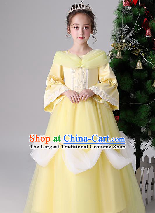 Children Birthday Full Dress Christmas Performance Costume Yellow Long Sleeved Girl Princess Dress