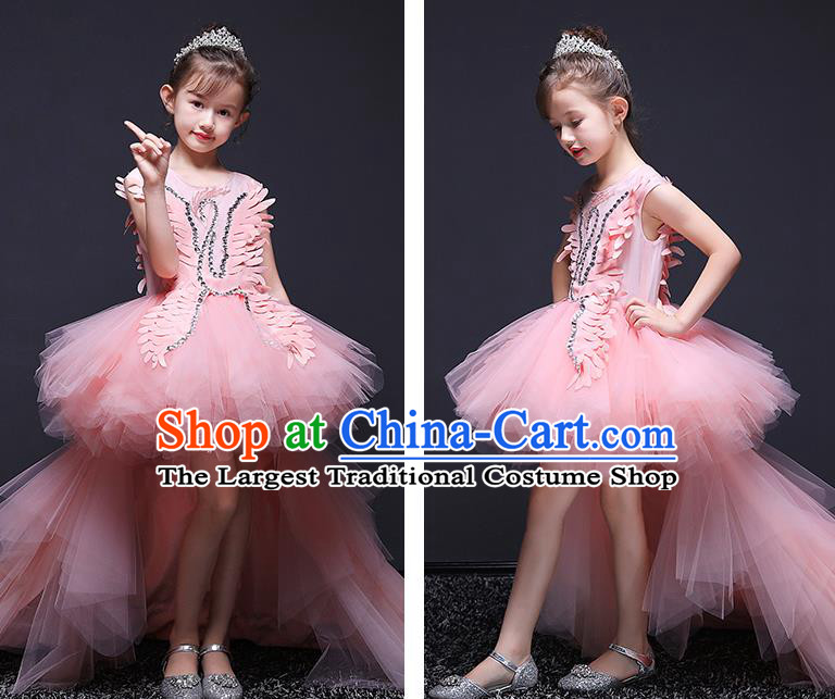 Pink Children Dress Princess Trailing Dress Girl Model Runway Clothing Playing Piano Performance Costume