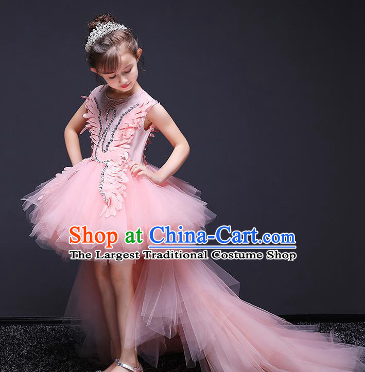 Pink Children Dress Princess Trailing Dress Girl Model Runway Clothing Playing Piano Performance Costume