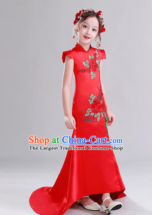 Children Clothing Chinese Style Girl Qipao Model Walking Show Fishtail Dress Host Playing Guzheng Red Performance Costume