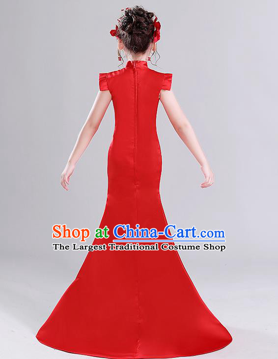 Children Clothing Chinese Style Girl Qipao Model Walking Show Fishtail Dress Host Playing Guzheng Red Performance Costume