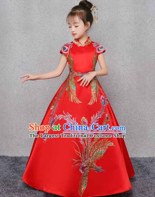 Red Children Dress Flower Children Costume Girl Princess Dress Chinese Style Model Show Performance Clothing