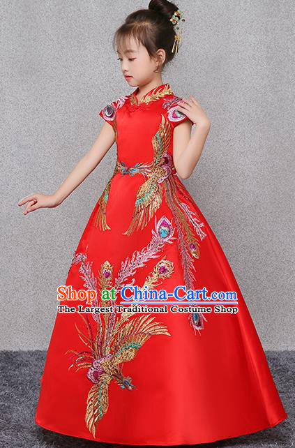 Red Children Dress Flower Children Costume Girl Princess Dress Chinese Style Model Show Performance Clothing