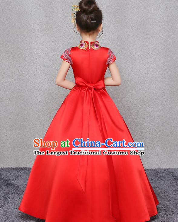 Red Children Dress Flower Children Costume Girl Princess Dress Chinese Style Model Show Performance Clothing